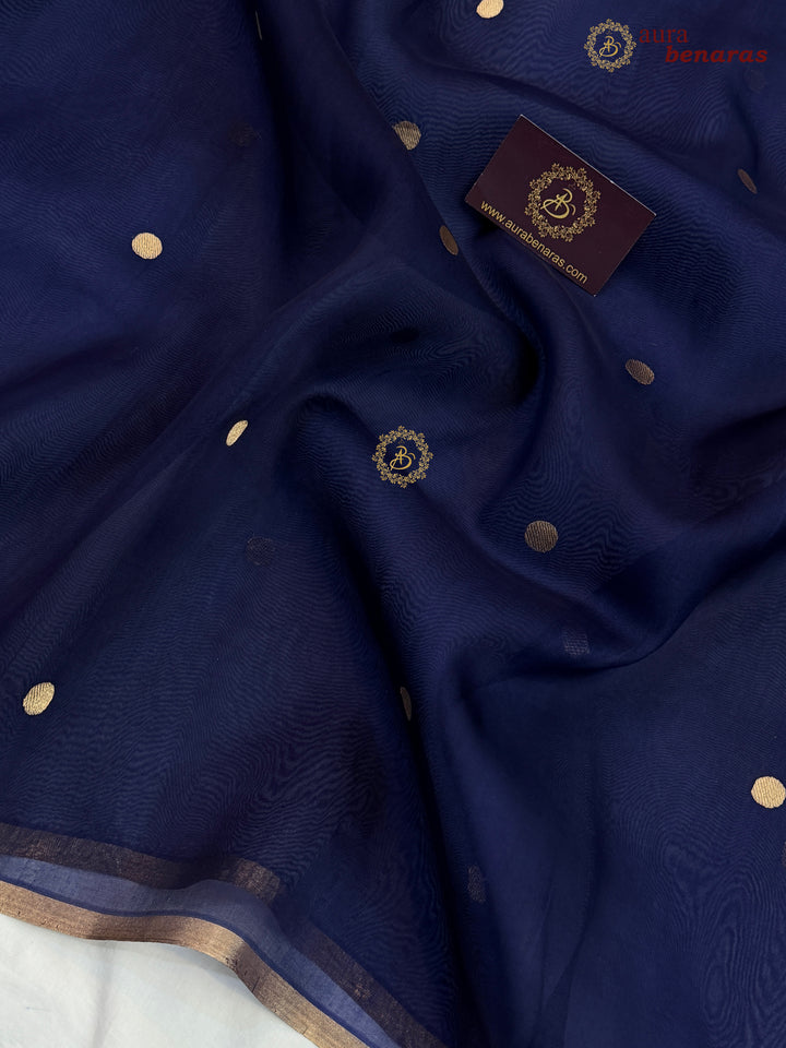 Mid Night Blue Kora Silk Banarasi Saree – Kadhwa Butis in Zari