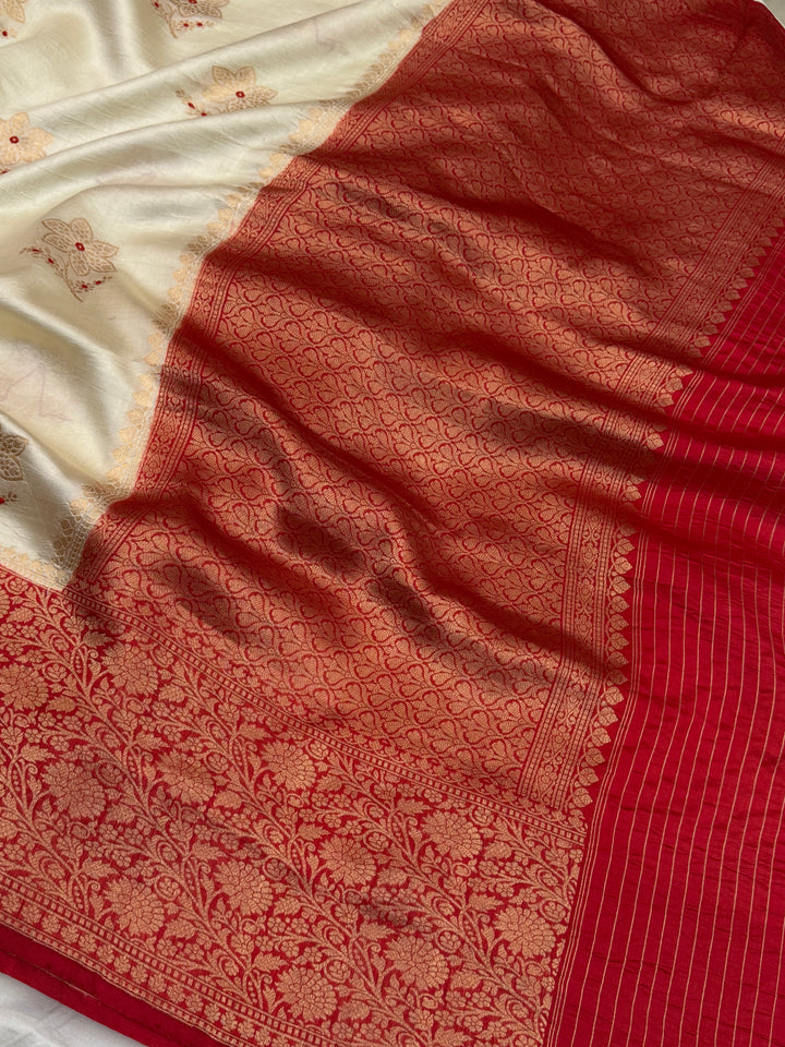 Cream Pure Banarasi Handloom Silk Saree - Aura Benaras