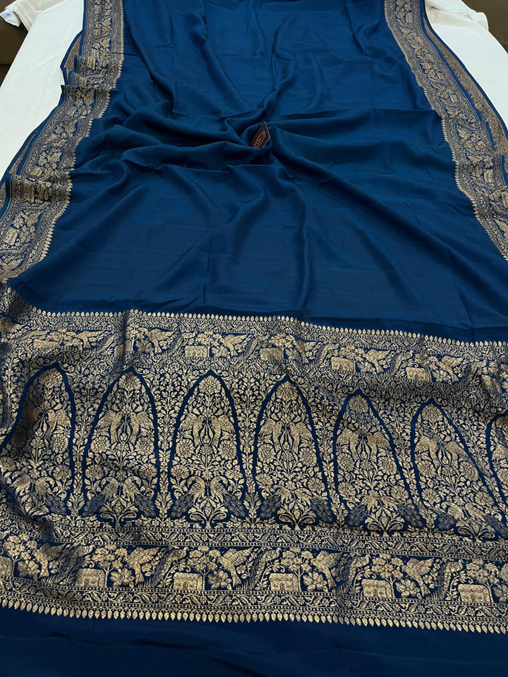 Teal Pure Banarasi Khaddi Crepe Silk Saree - Aura Benaras