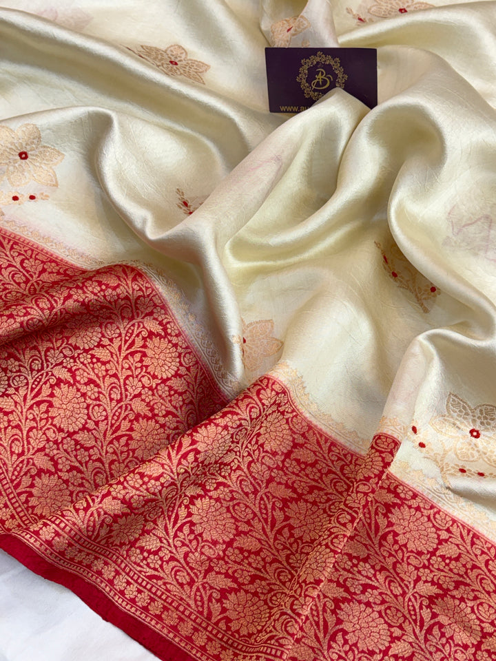 Cream Pure Banarasi Handloom Silk Saree - Aura Benaras