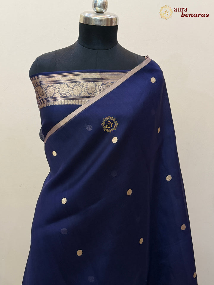 Mid Night Blue Kora Silk Banarasi Saree – Kadhwa Butis in Zari