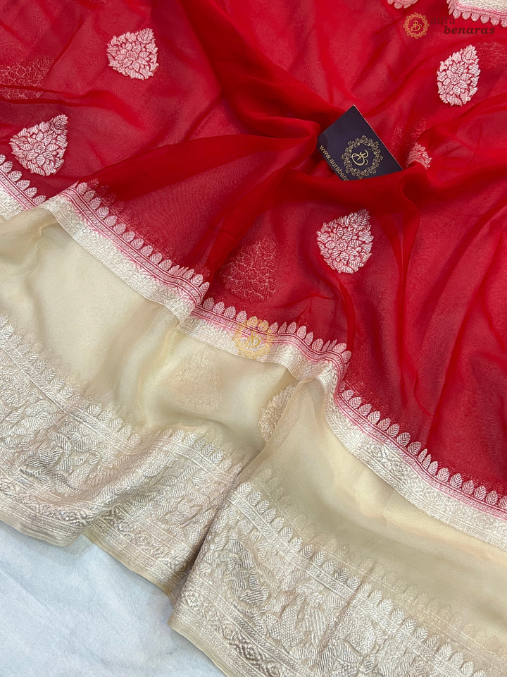 Red With Cream Contrast  Pure Khaddi Chiffon Banarasi Saree with Kadhwa Silver Zari