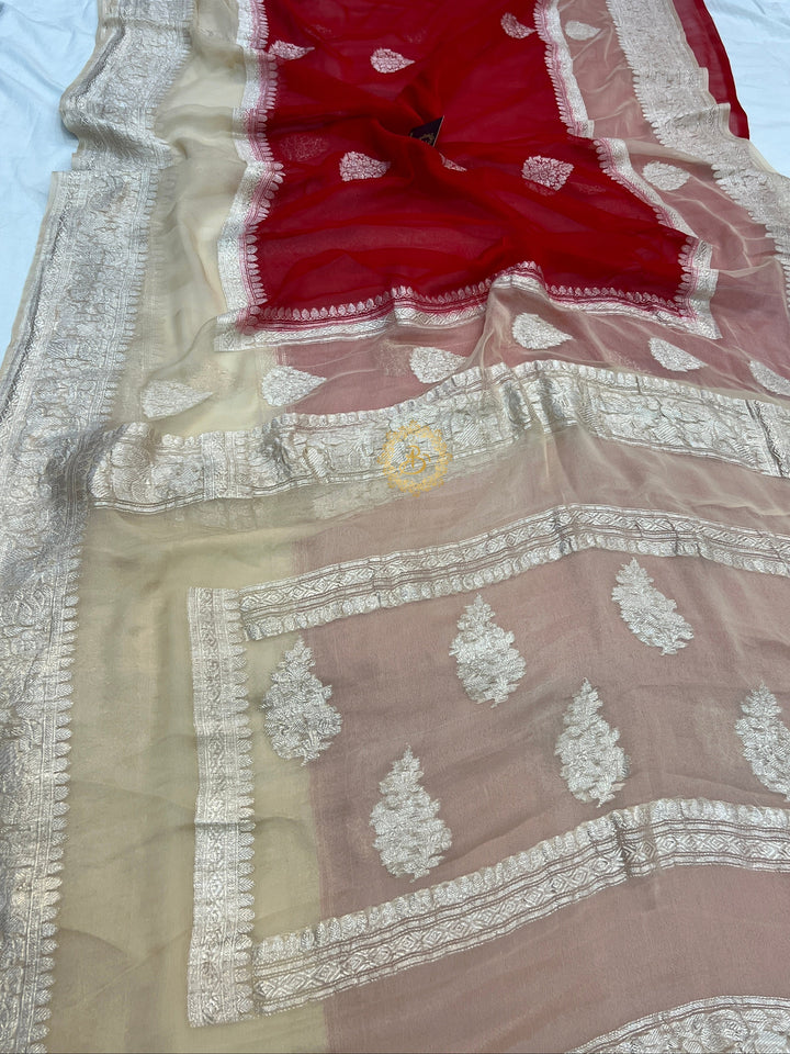 Red With Cream Contrast  Pure Khaddi Chiffon Banarasi Saree with Kadhwa Silver Zari