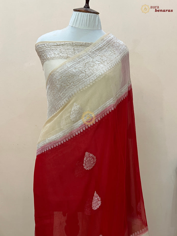 Red With Cream Contrast  Pure Khaddi Chiffon Banarasi Saree with Kadhwa Silver Zari