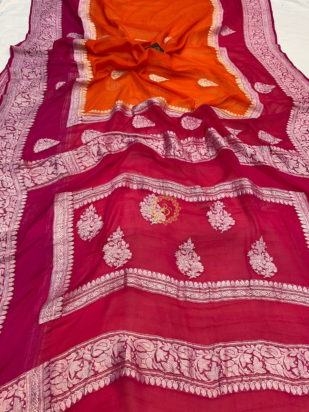  Orange With Rani Pink Contrast Pure Khaddi Chiffon Banarasi Saree with Kadhwa Silver Zari