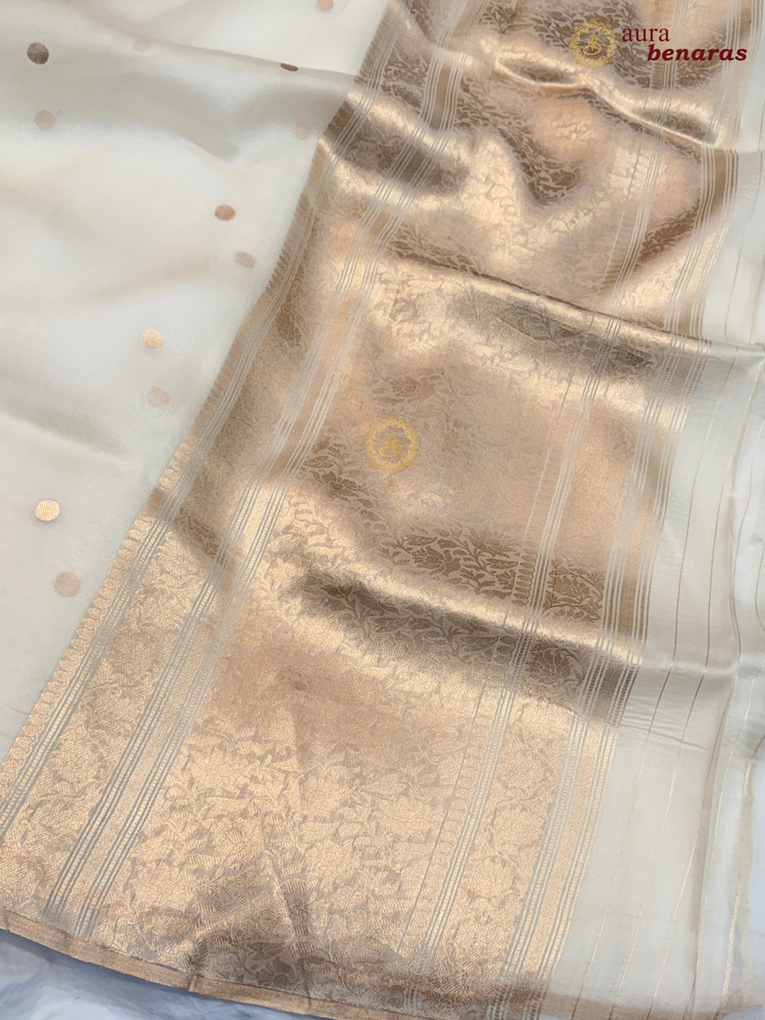 Off White Kora Silk Banarasi Saree – Kadhwa Butis in Zari