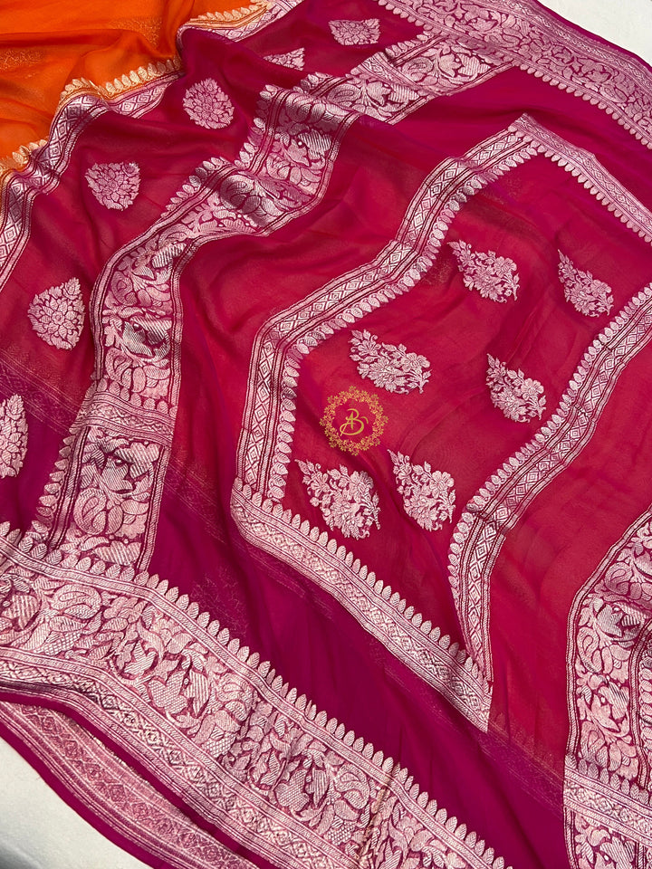 Orange With Rani Pink Contrast Pure Khaddi Chiffon Banarasi Saree with Kadhwa Silver Zari