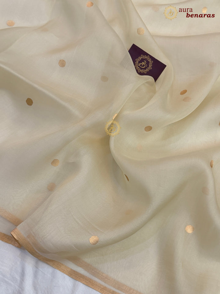 Off White Kora Silk Banarasi Saree – Kadhwa Butis in Zari