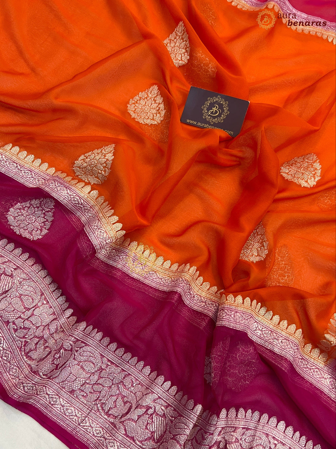  Orange With Rani Pink Contrast Pure Khaddi Chiffon Banarasi Saree with Kadhwa Silver Zari