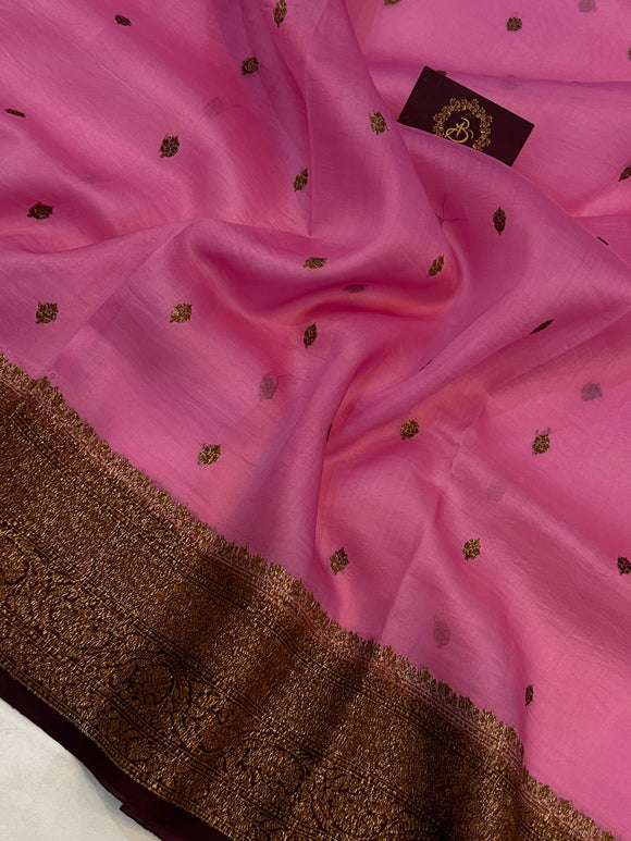 Dusky Pink Banarasi Handloom Kora Silk Saree - Aura Benaras