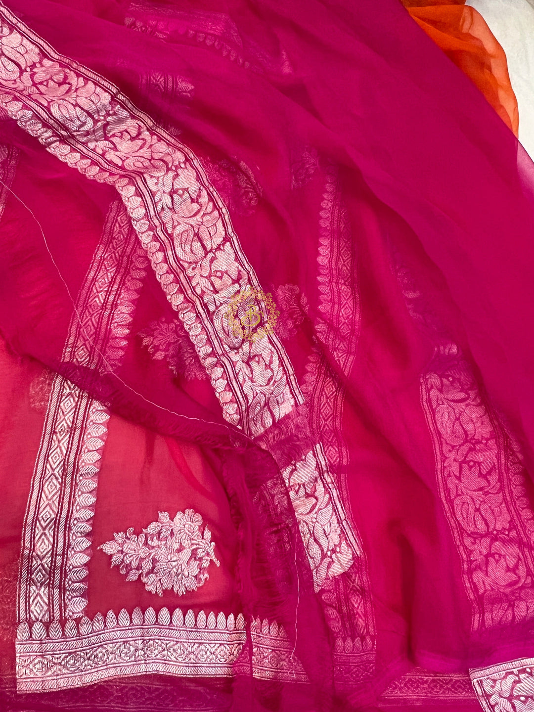  Orange With Rani Pink Contrast Pure Khaddi Chiffon Banarasi Saree with Kadhwa Silver Zari