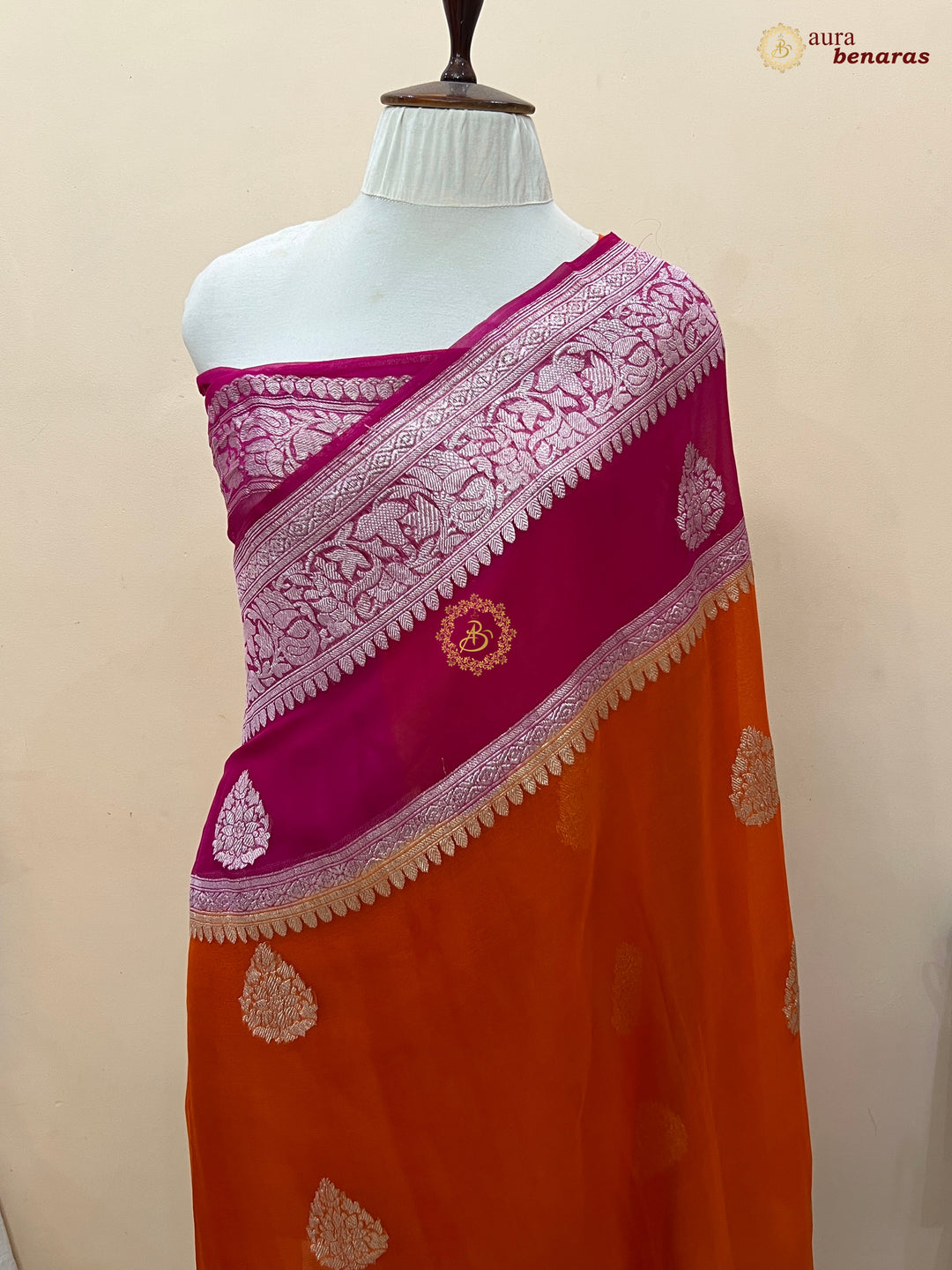  Orange With Rani Pink Contrast Pure Khaddi Chiffon Banarasi Saree with Kadhwa Silver Zari