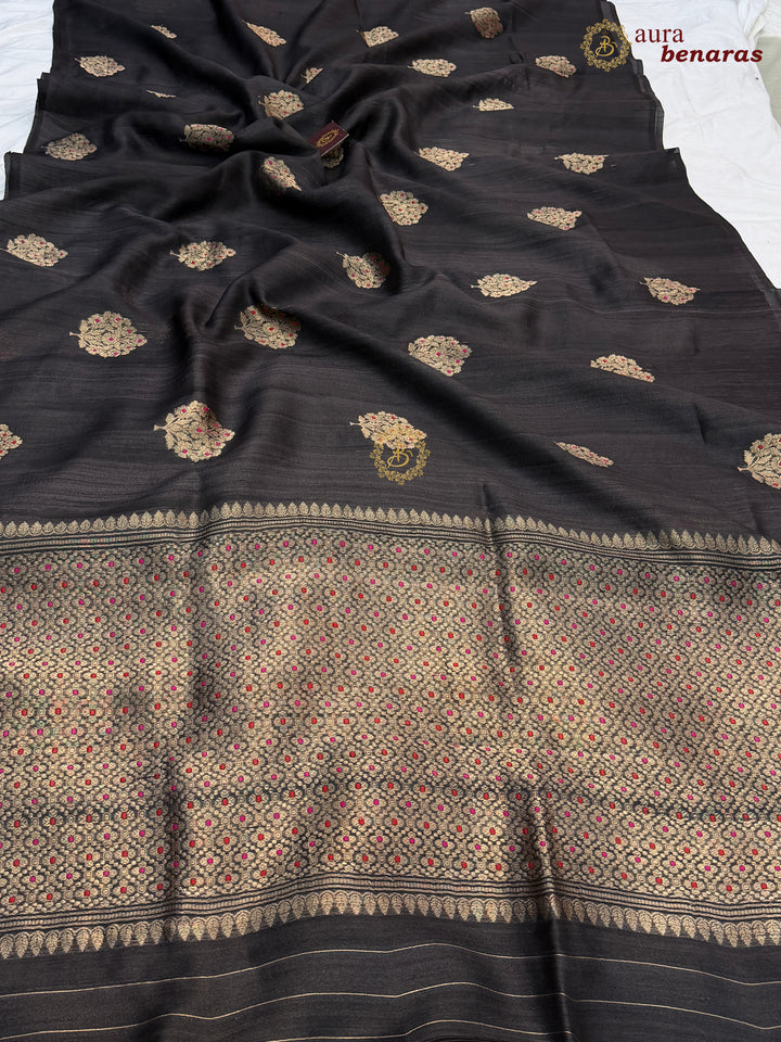 Black Tussar Silk Banarasi Saree with Kadhwa Meenakari
