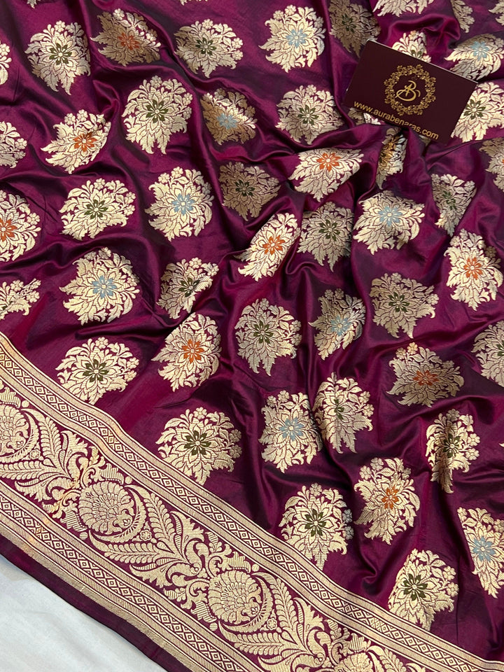 Wine Pure Banarasi Handloom Katan Silk Saree - Aura Benaras