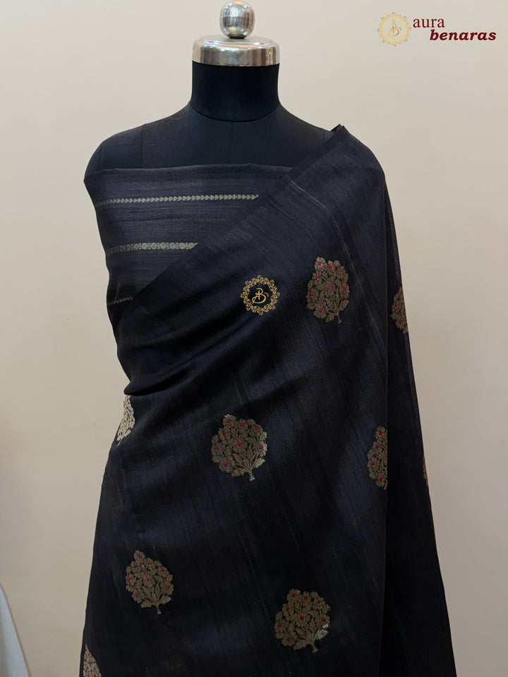 Black Tussar Silk Banarasi Saree with Kadhwa Meenakari