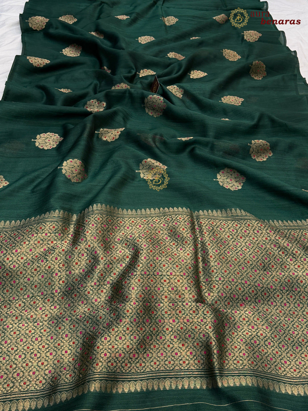 Bottle Green Tussar Silk Banarasi Saree with Kadhwa Meenakari