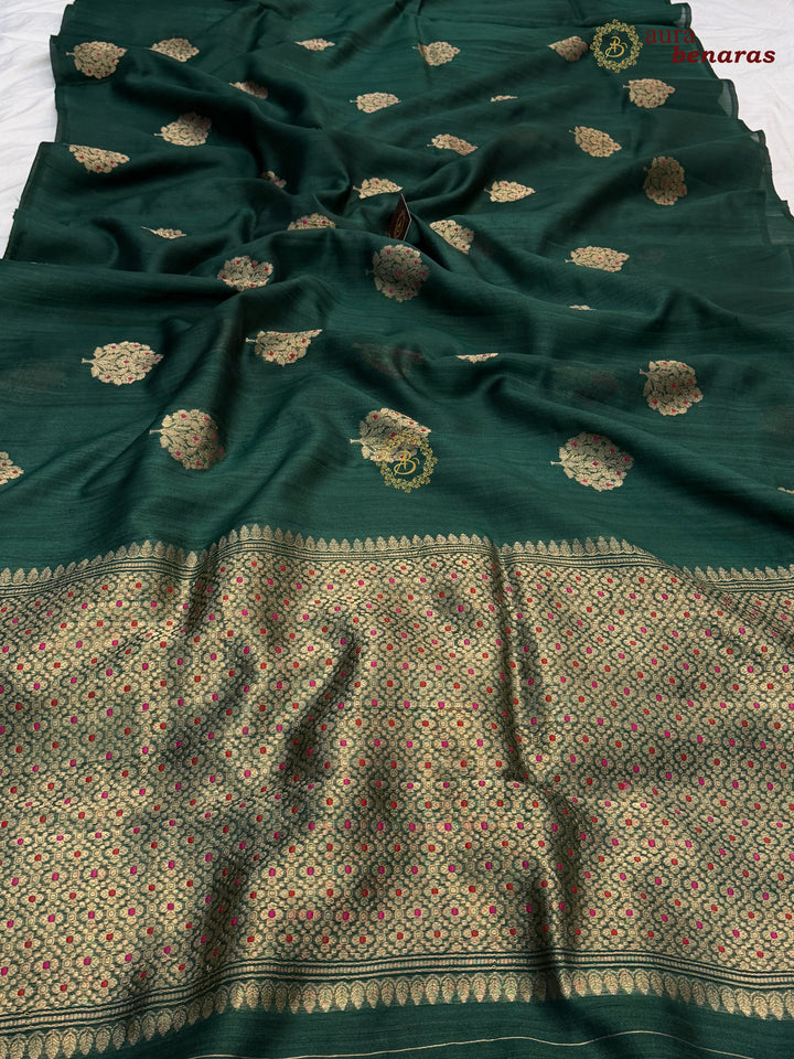 Bottle Green Tussar Silk Banarasi Saree with Kadhwa Meenakari