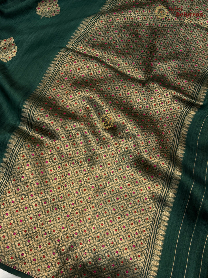 Bottle Green Tussar Silk Banarasi Saree with Kadhwa Meenakari
