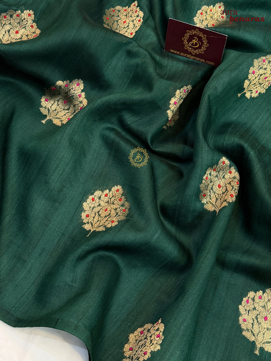 Bottle Green Tussar Silk Banarasi Saree with Kadhwa Meenakari