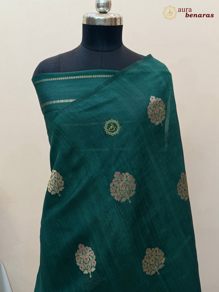 Bottle Green Tussar Silk Banarasi Saree with Kadhwa Meenakari