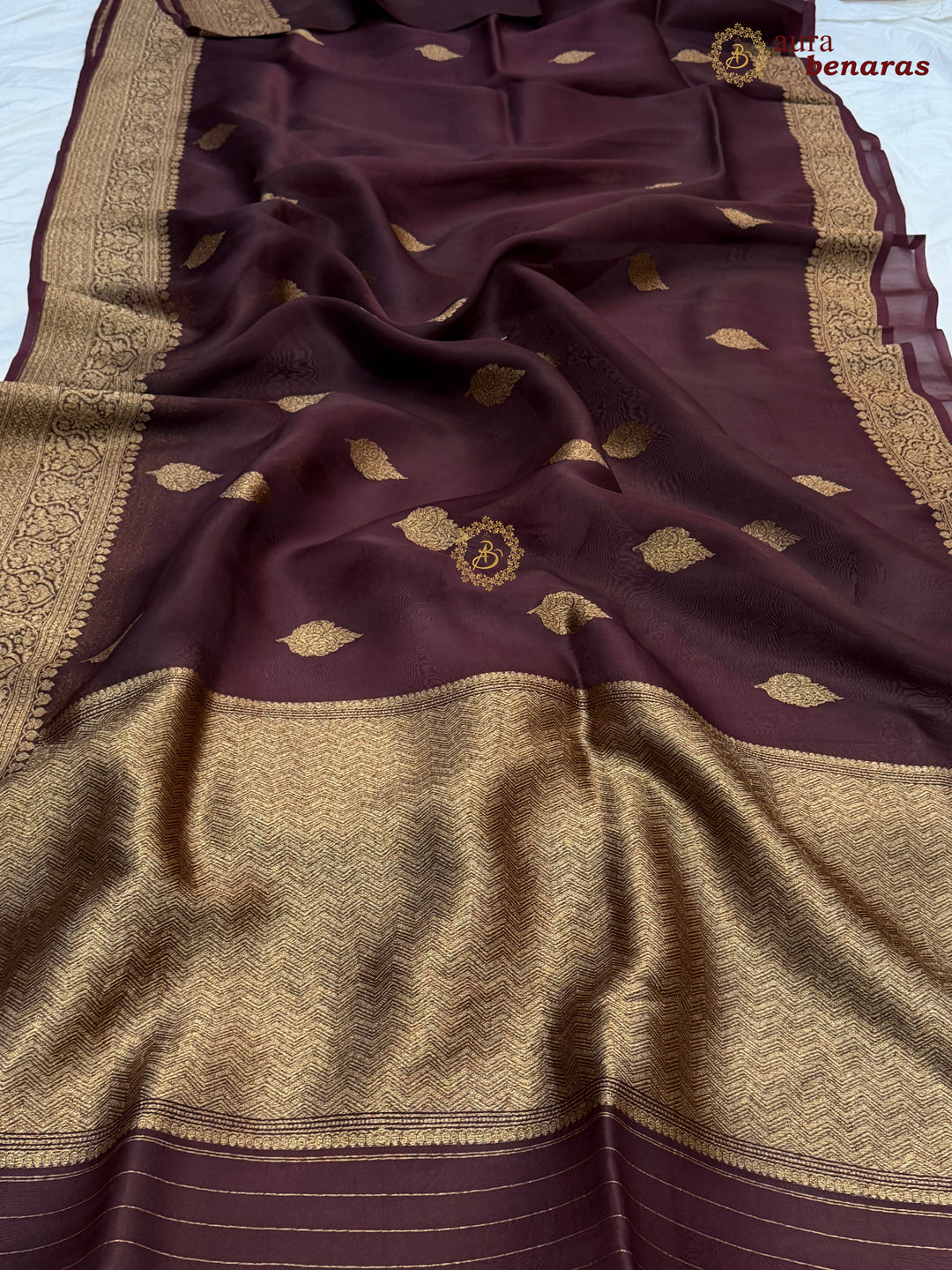 Brown Banarasi Handloom Kora Silk Saree - Aura Benaras