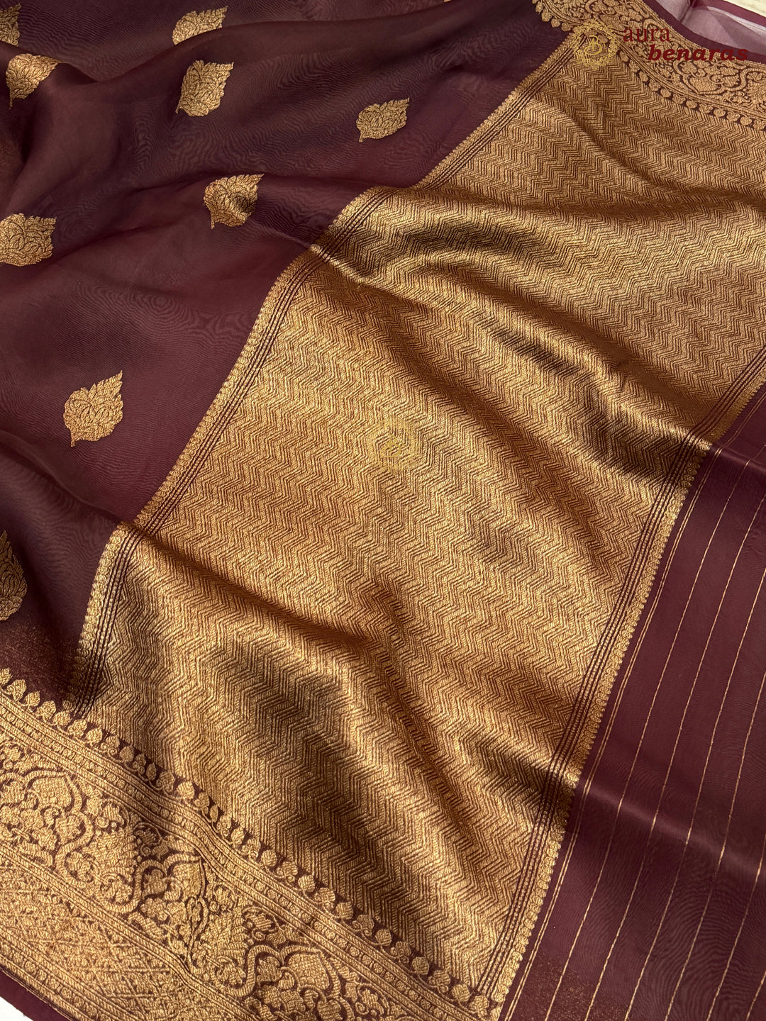 Brown Banarasi Handloom Kora Silk Saree - Aura Benaras