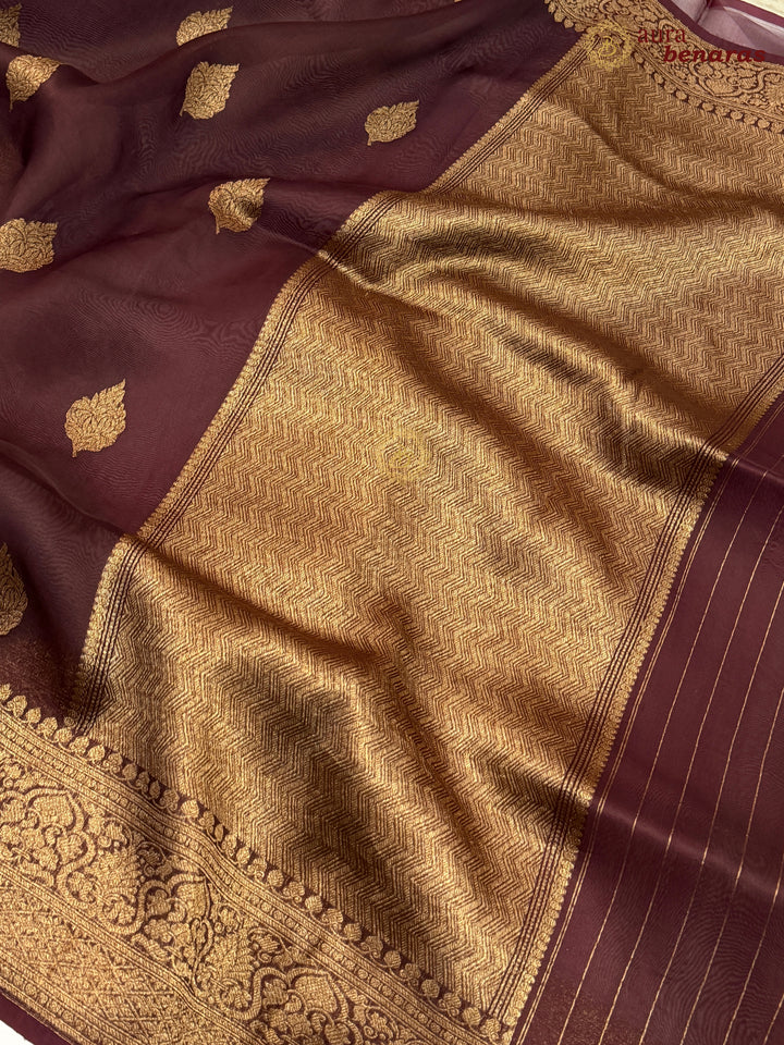 Brown Banarasi Handloom Kora Silk Saree - Aura Benaras
