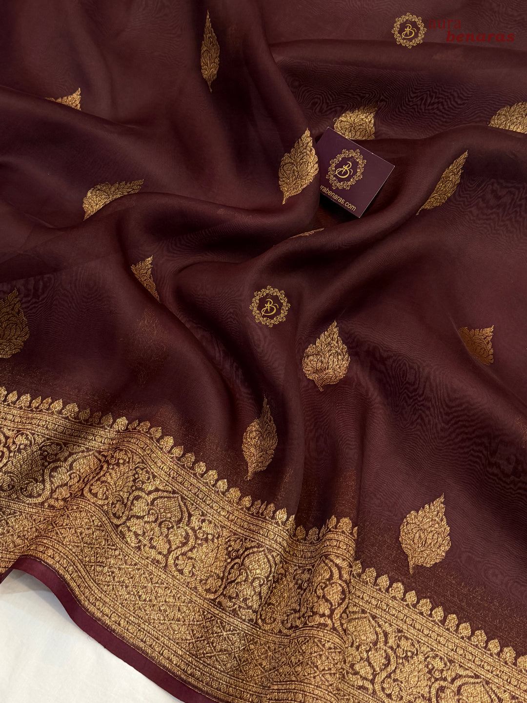 Brown Banarasi Handloom Kora Silk Saree - Aura Benaras