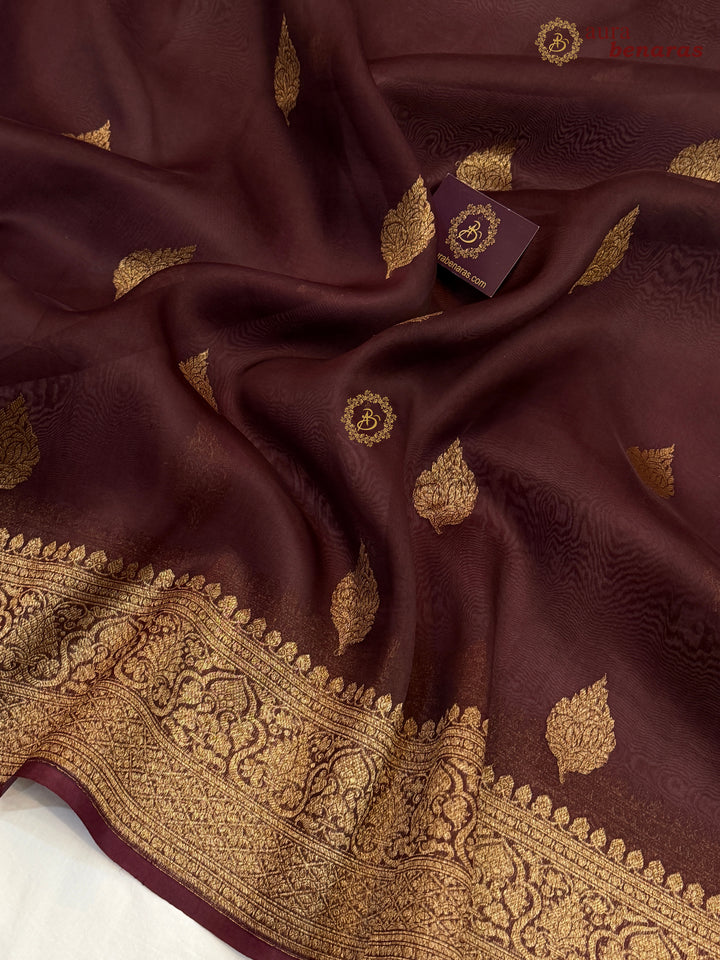 Brown Banarasi Handloom Kora Silk Saree - Aura Benaras