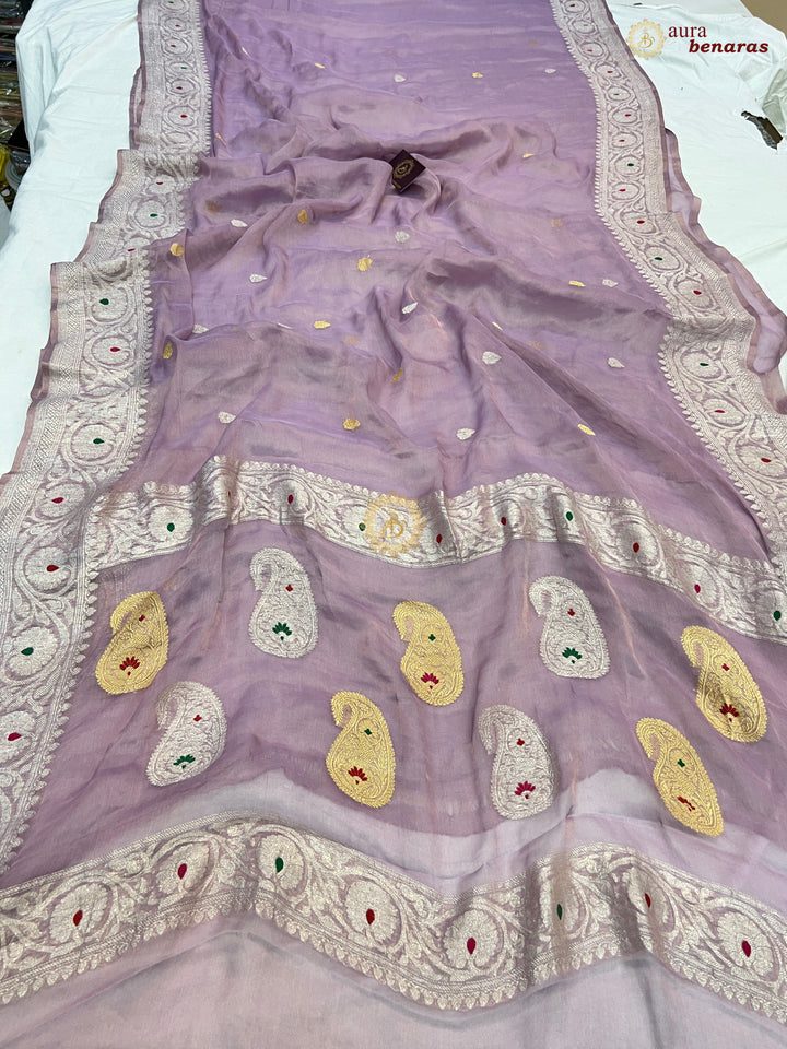 Lilac Chiffon Tissue Silk Banarasi Saree with Sona Rupa