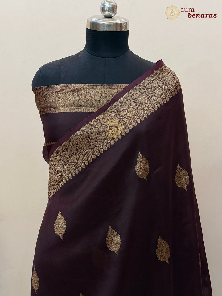 Brown Banarasi Handloom Kora Silk Saree - Aura Benaras