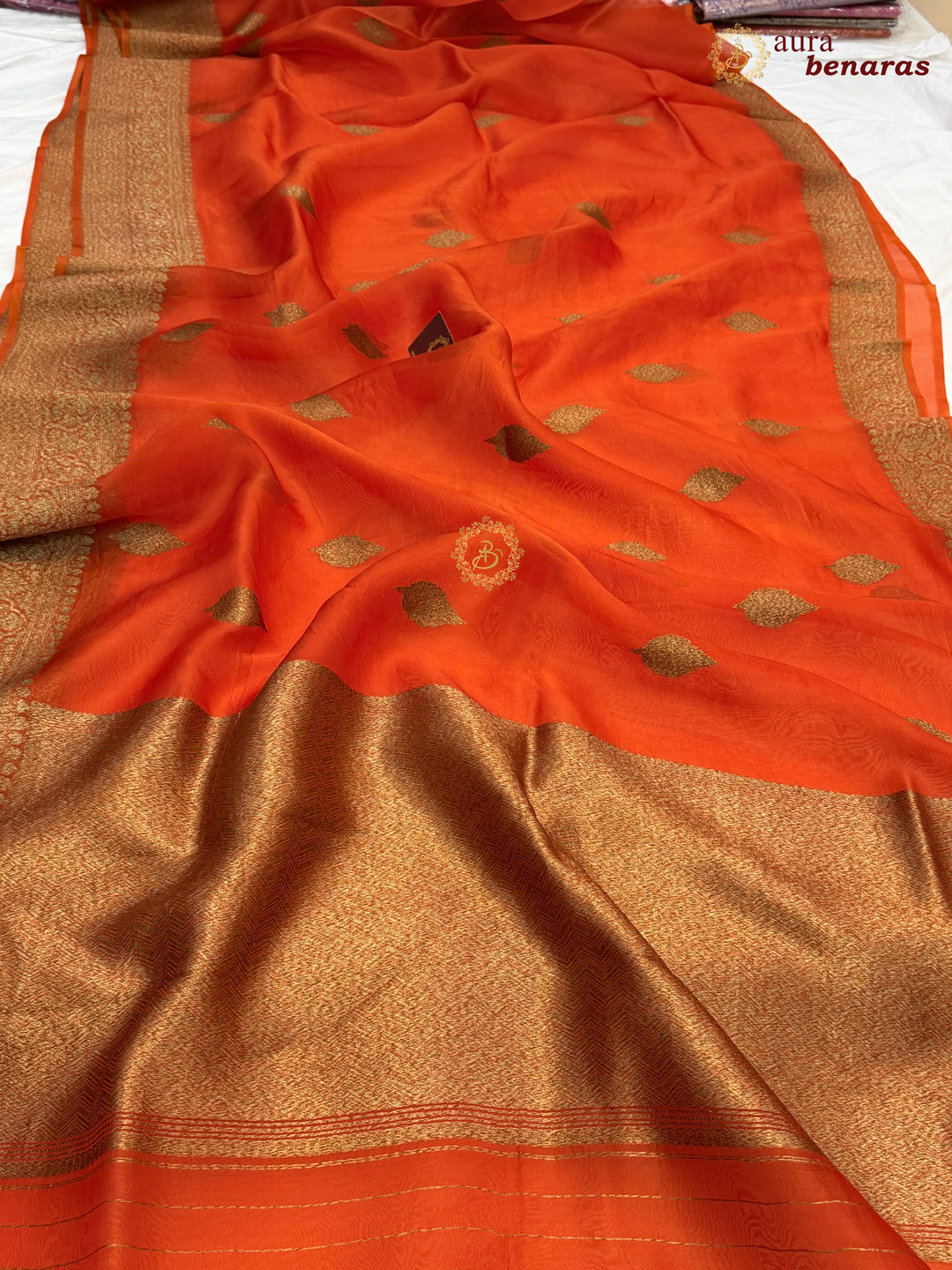 Orange Banarasi Handloom Kora Silk Saree - Aura Benaras