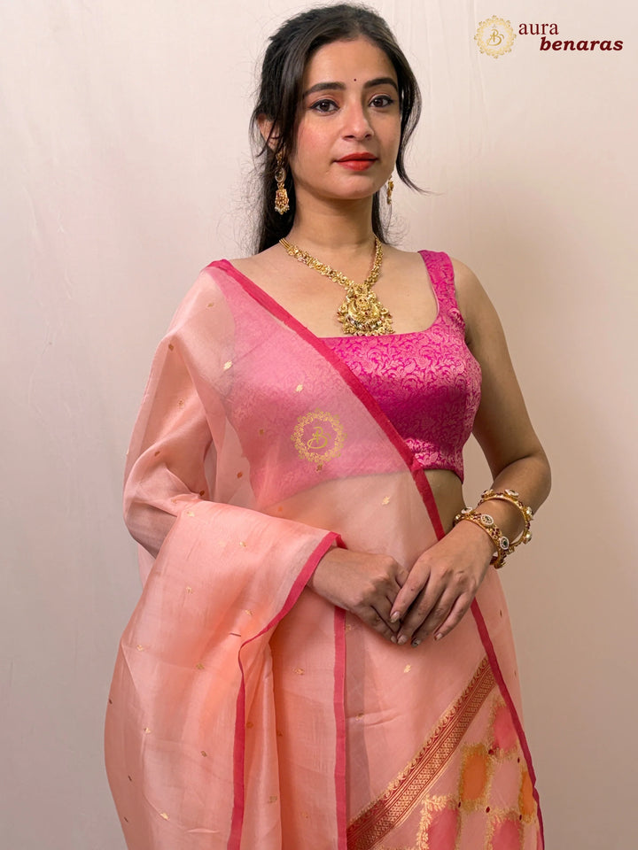 Peach Kora Silk Banarasi Saree – Kadhwa Butis in Zari