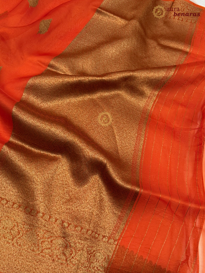 Orange Banarasi Handloom Kora Silk Saree - Aura Benaras