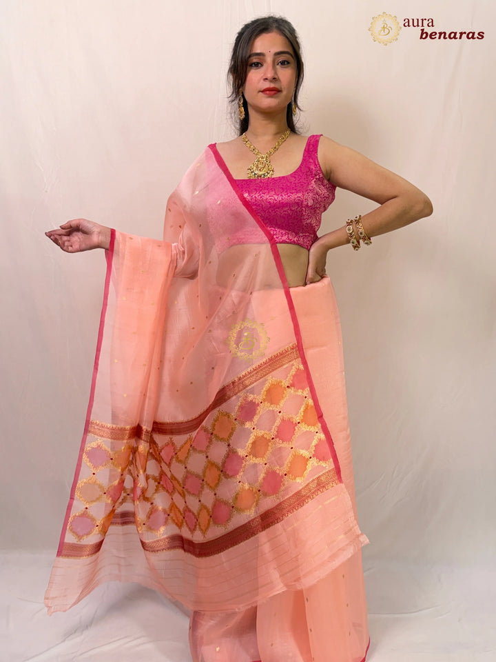 Peach Kora Silk Banarasi Saree – Kadhwa Butis in Zari