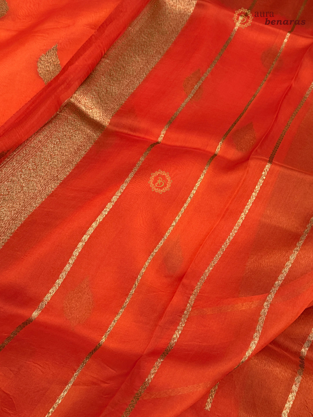 Orange Banarasi Handloom Kora Silk Saree - Aura Benaras