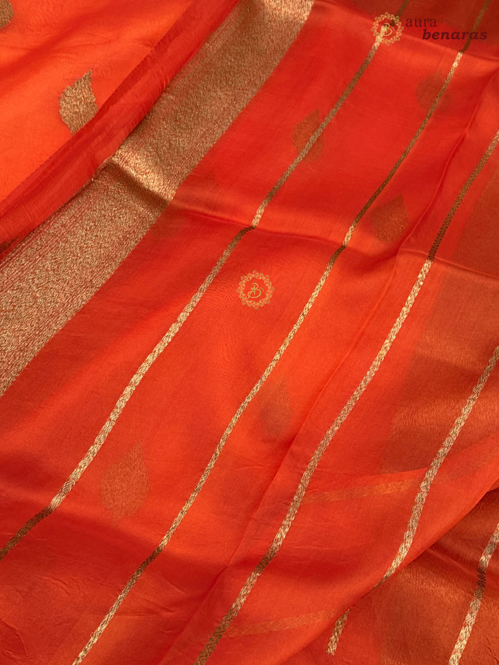 Orange Banarasi Handloom Kora Silk Saree - Aura Benaras