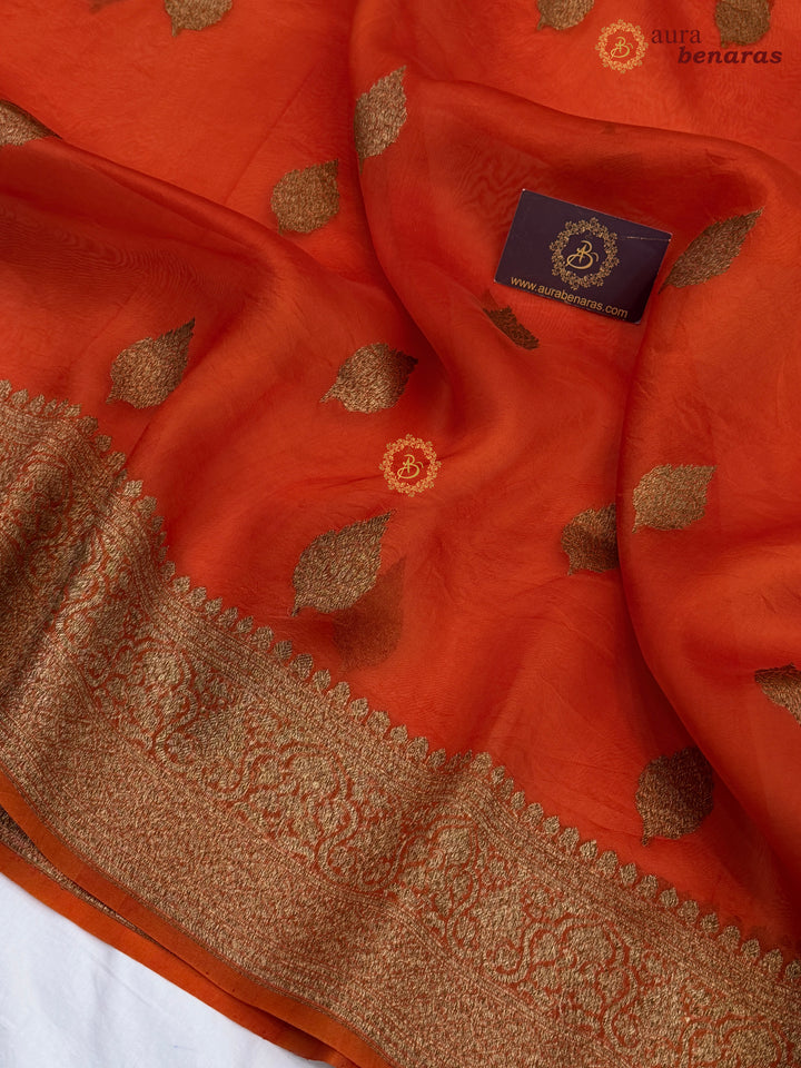 Orange Banarasi Handloom Kora Silk Saree - Aura Benaras