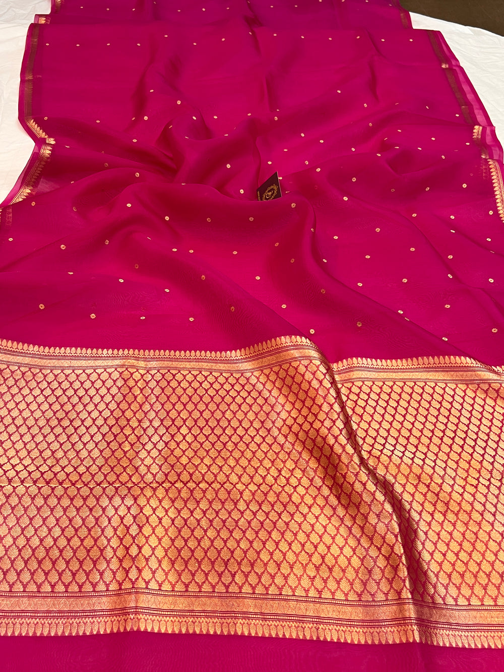 Rani Pink Kora Silk Banarasi Saree with Zari Butis 