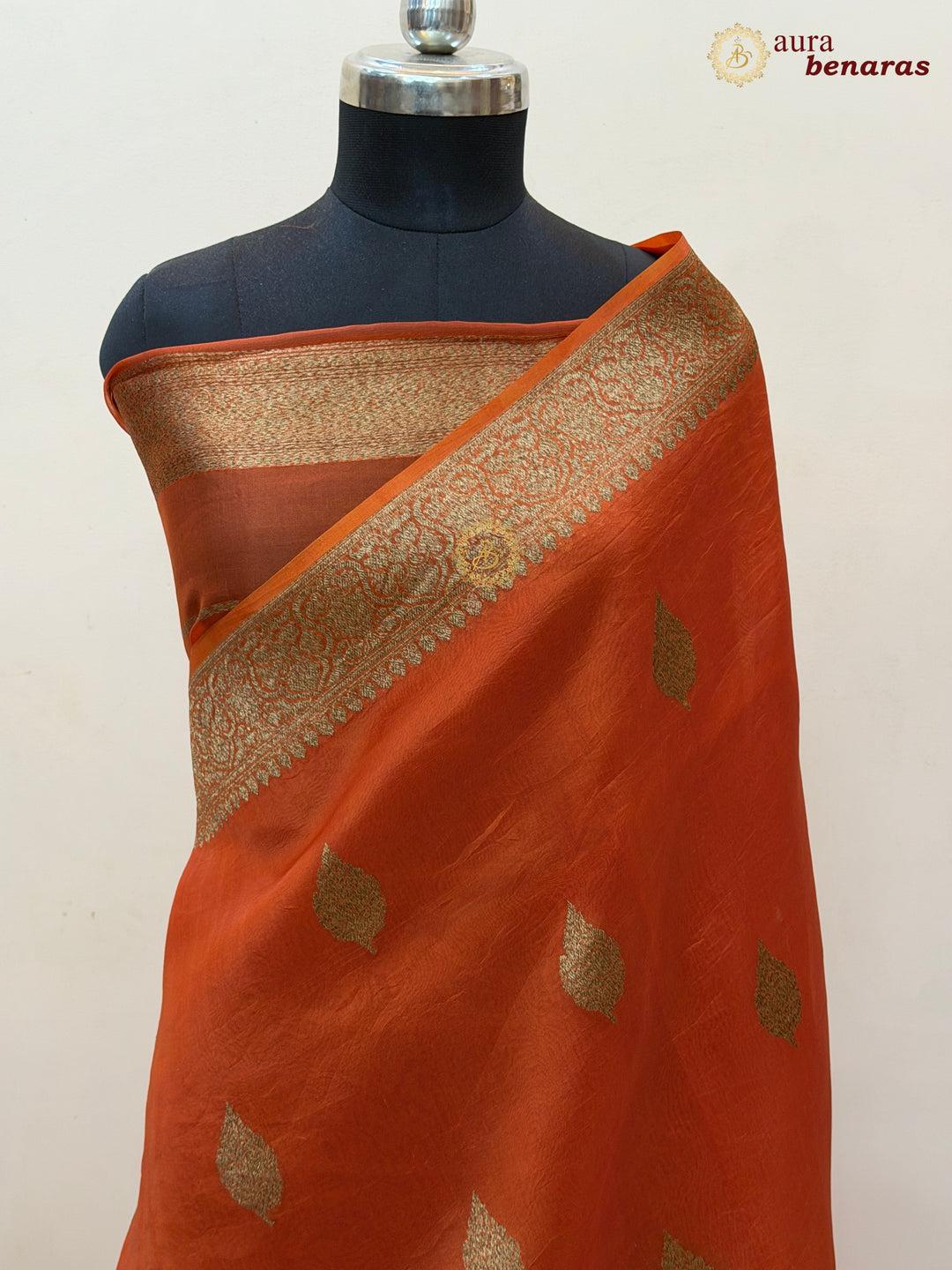 Orange Banarasi Handloom Kora Silk Saree - Aura Benaras