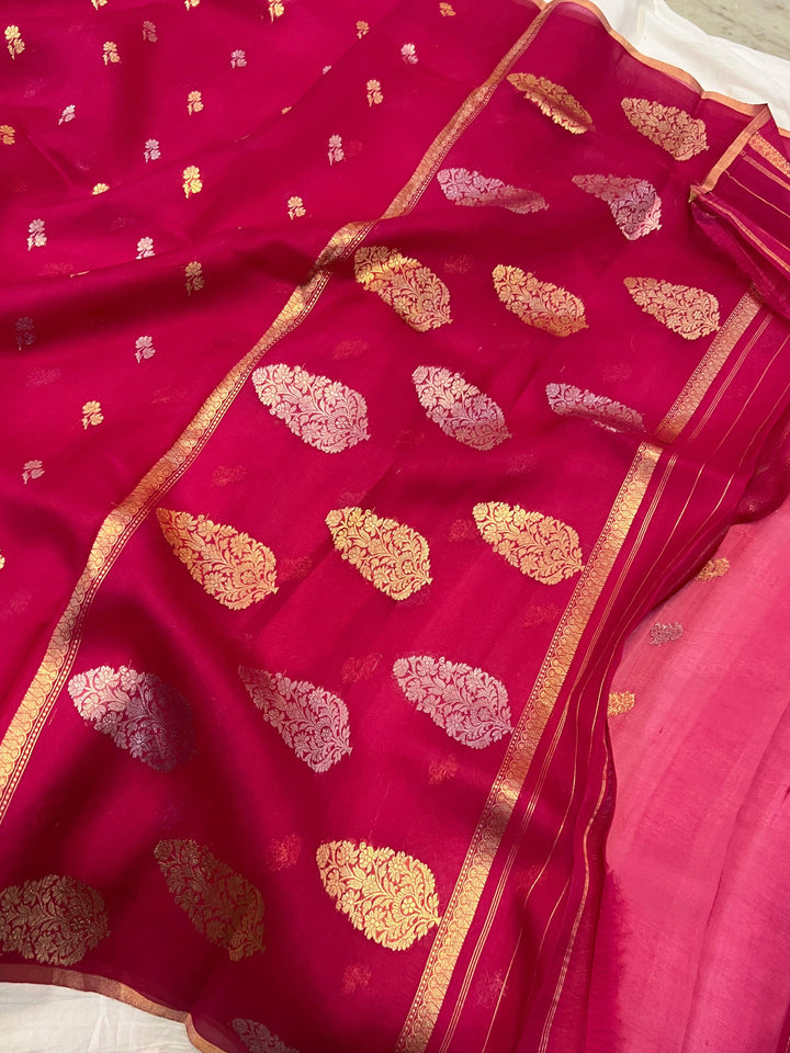 Buy Pure Banarasi Handloom Kora Silk Saree with Kadhwa Butis | Aura Benaras
