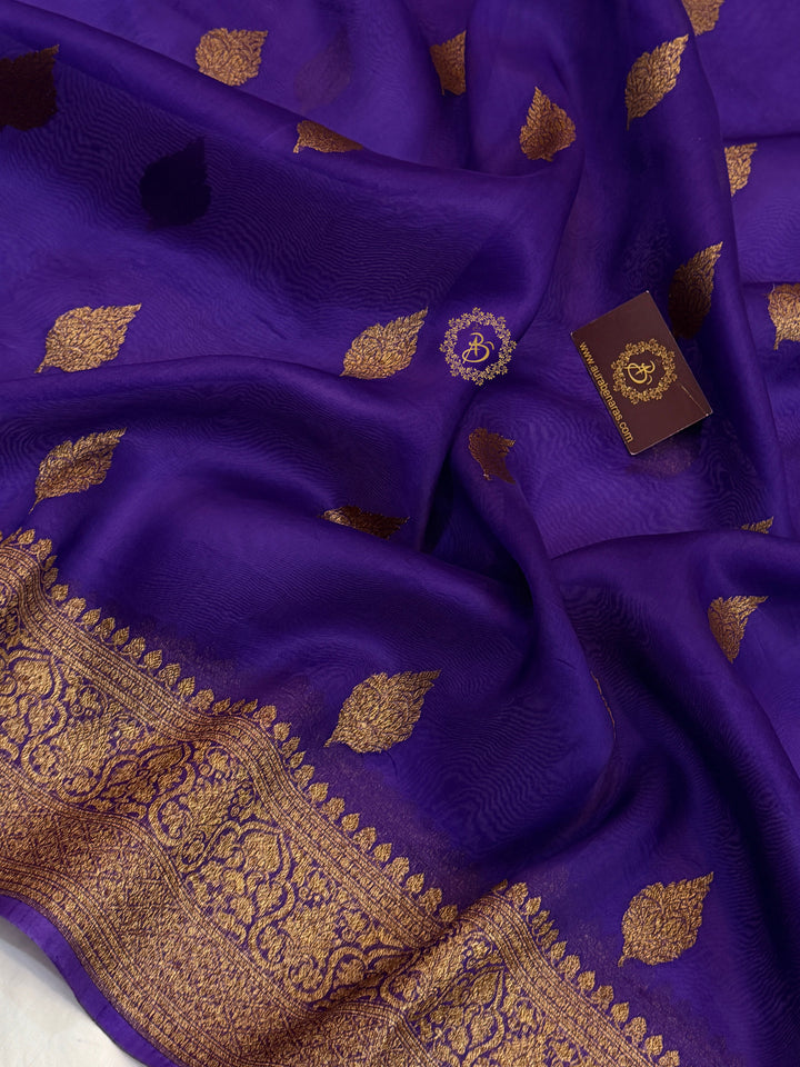 Purple Banarasi Handloom Kora Silk Saree - Aura Benaras