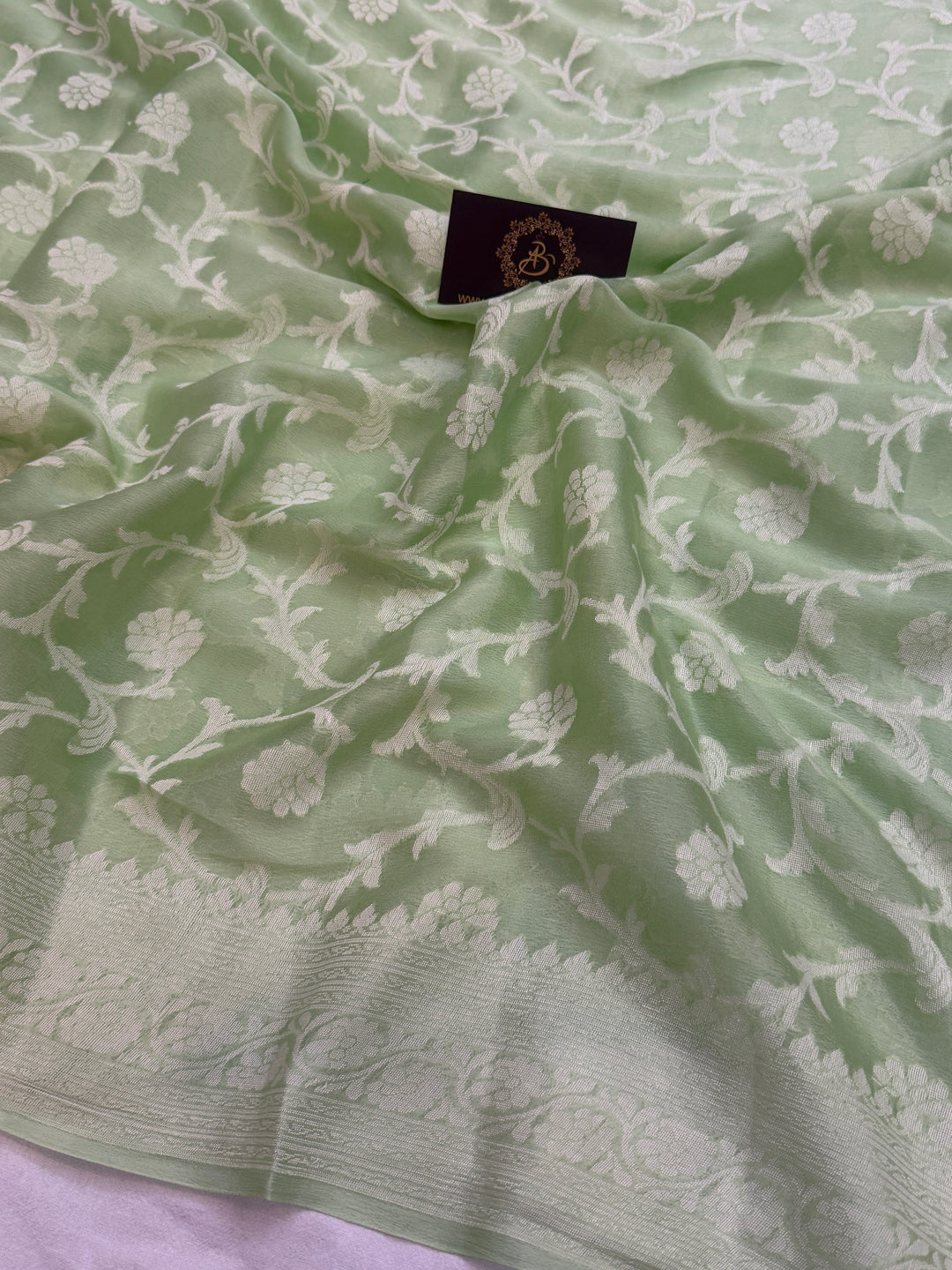 Pistal Green Pure Banarasi Khaddi Chiffon Saree