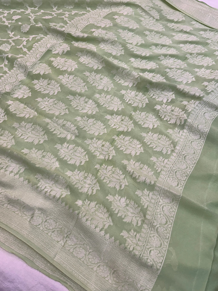 Pistal Green Pure Banarasi Khaddi Chiffon Saree