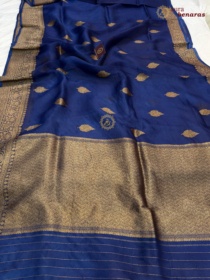 Navy Blue Banarasi Handloom Kora Silk Saree - Aura Benaras