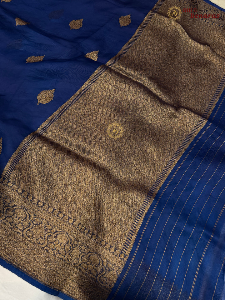 Navy Blue Banarasi Handloom Kora Silk Saree - Aura Benaras