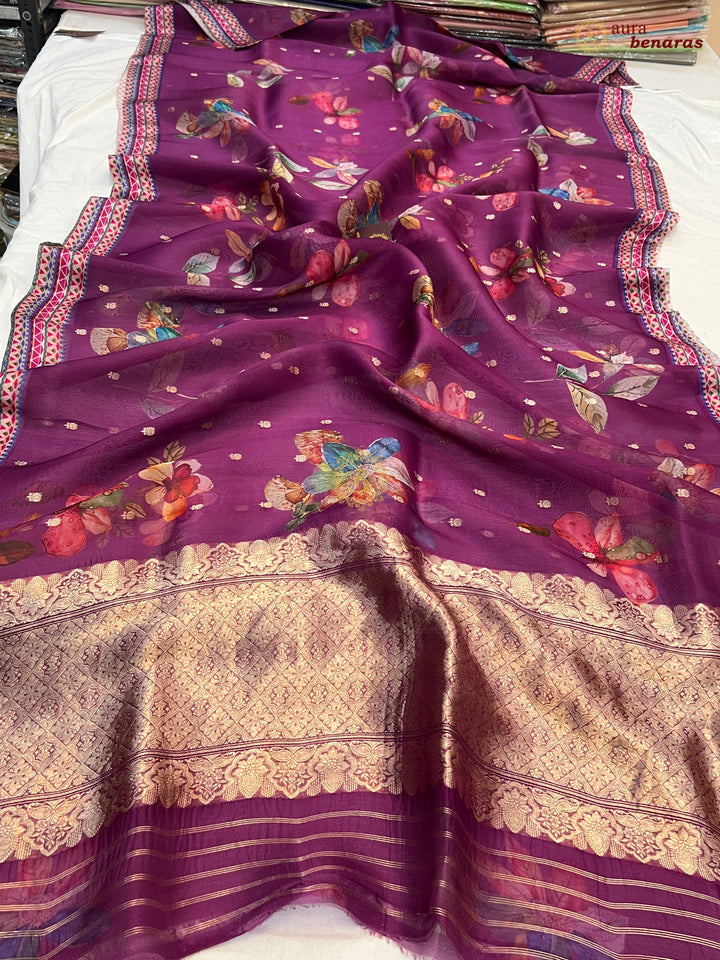Margenta Purple Pure Banarasi Kora Silk Saree with Digital Print 