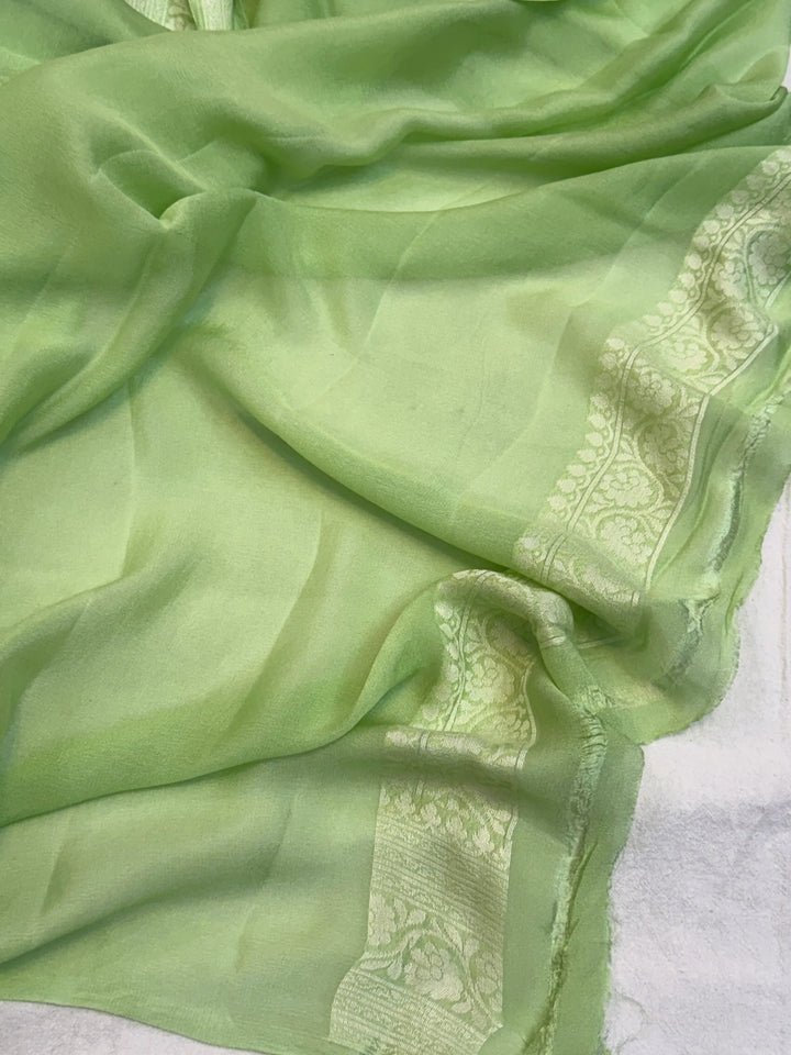 Pistal Green Pure Banarasi Khaddi Chiffon Saree