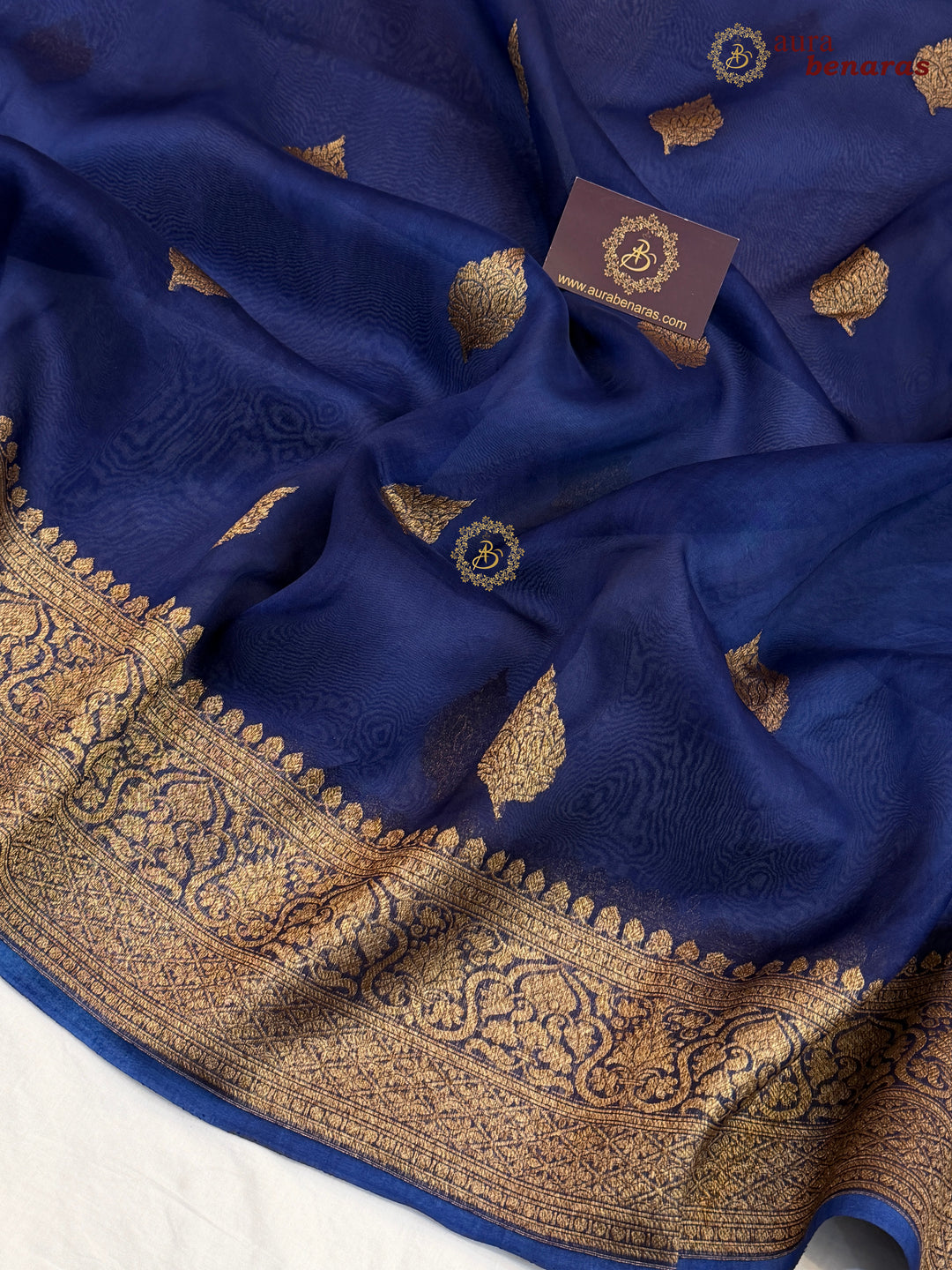Navy Blue Banarasi Handloom Kora Silk Saree - Aura Benaras
