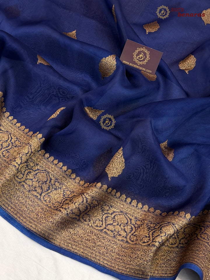 Navy Blue Banarasi Handloom Kora Silk Saree - Aura Benaras